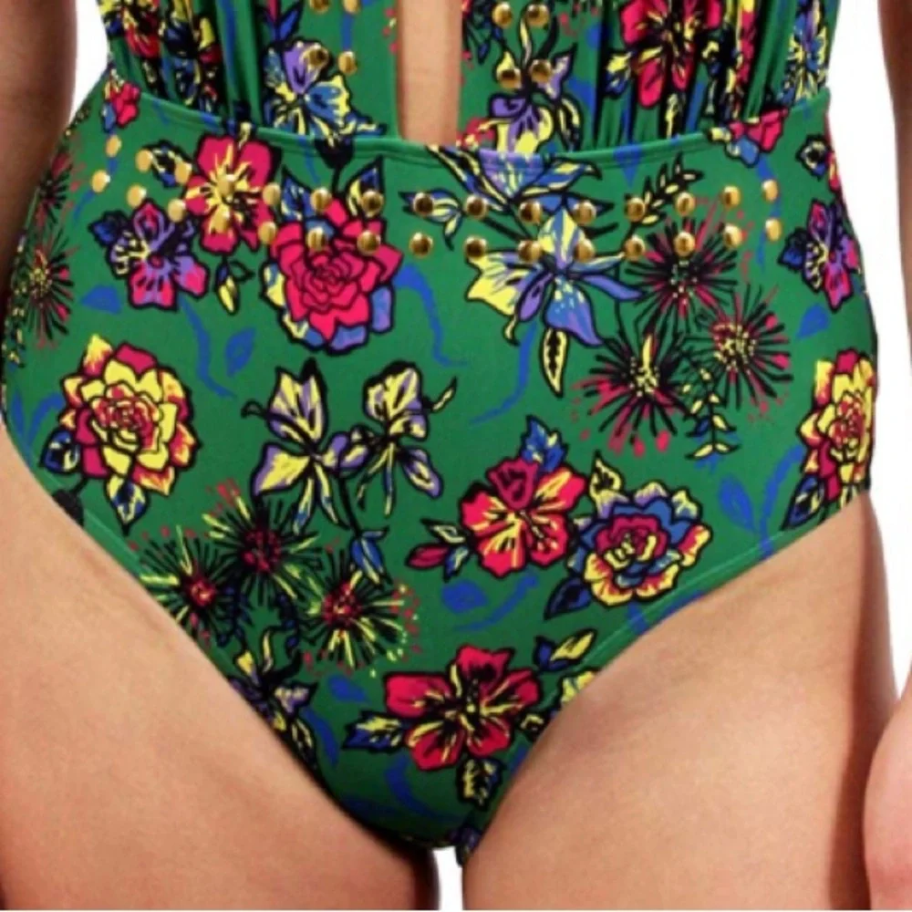 YMI One Piece Swimsuit Womens 2XL Plus Green Floral Halter Plunge Studded